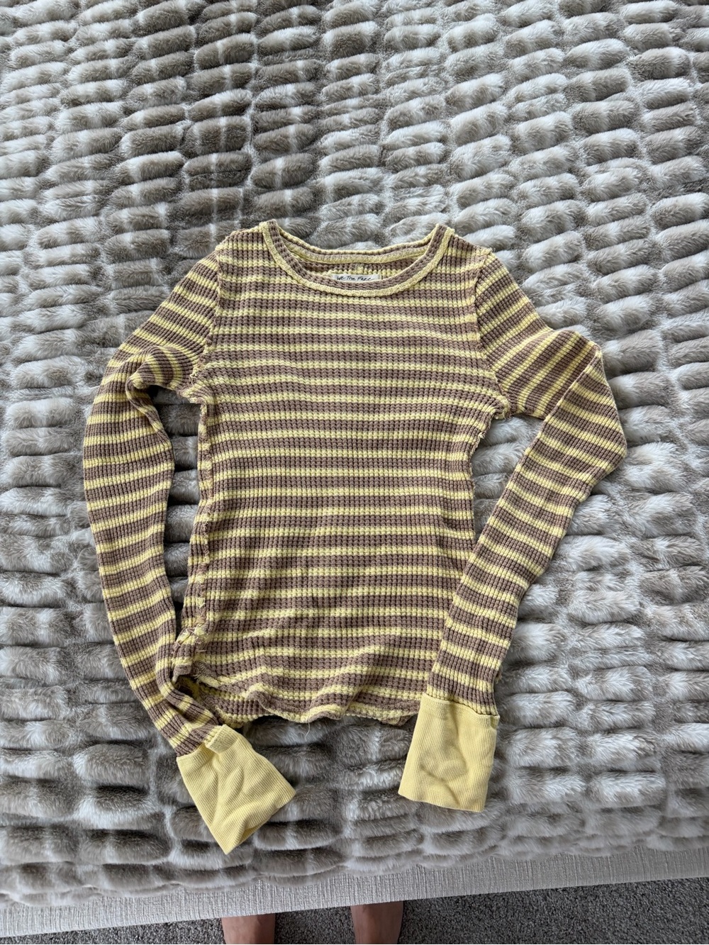 Free People Striped Crewneck Thermal in Brown and Yellow